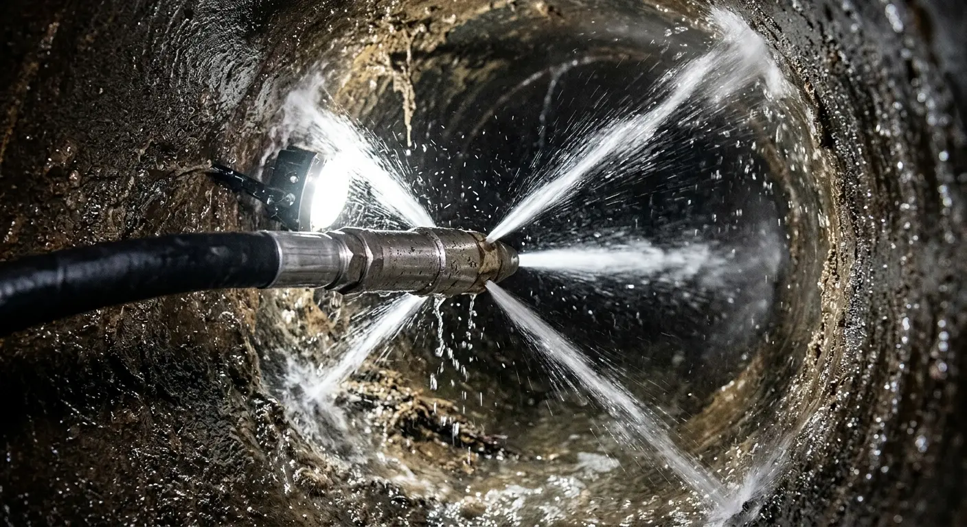 High-pressure hydro jetting nozzle cleaning sewer pipe for Sewer Cleanout in Baldwin City