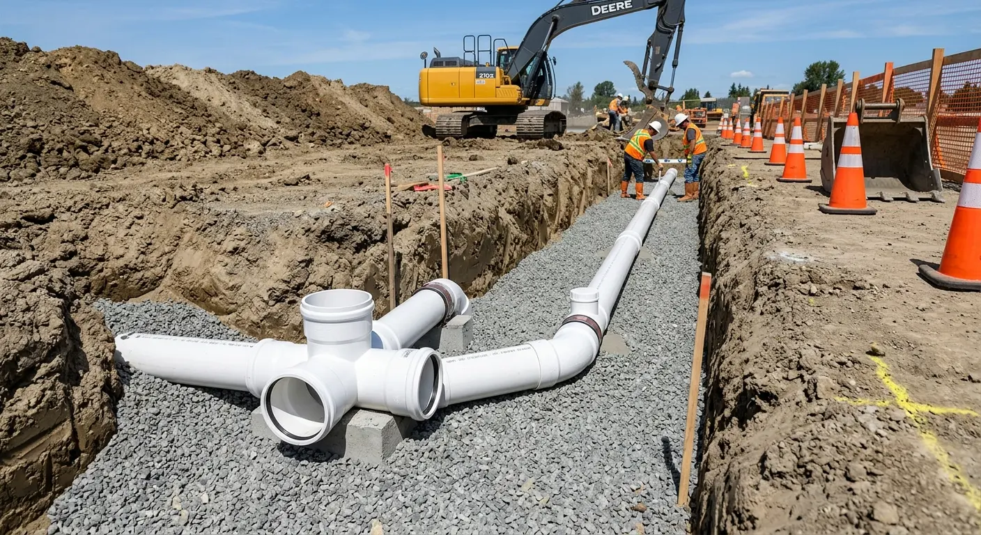 New PVC sewer pipe installation in open trench for Commercial Drain Cleaning in Baldwin City