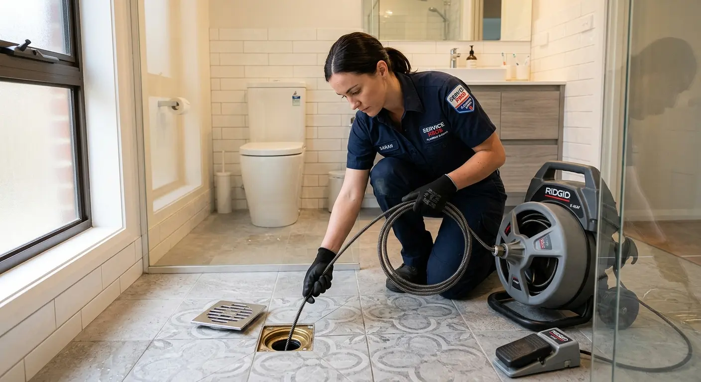 Technician clearing a bathroom floor drain for Clogged Drain Repair in Baldwin City
